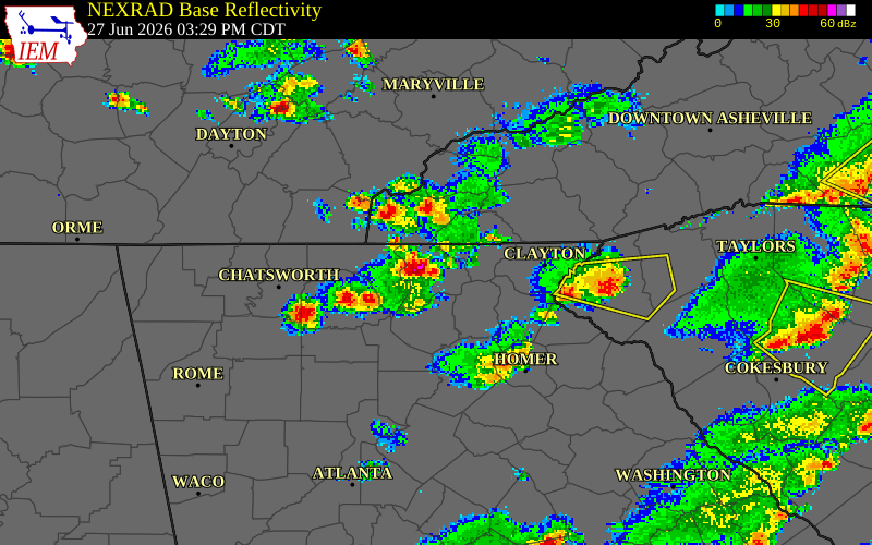 NEXRAD radar during the Saturday, June 27, 2026 storm activity in Towns County, Georgia