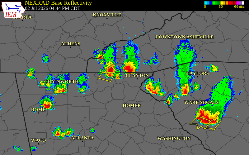 NEXRAD radar during the Thursday, July 2, 2026 storm activity in Towns County, Georgia