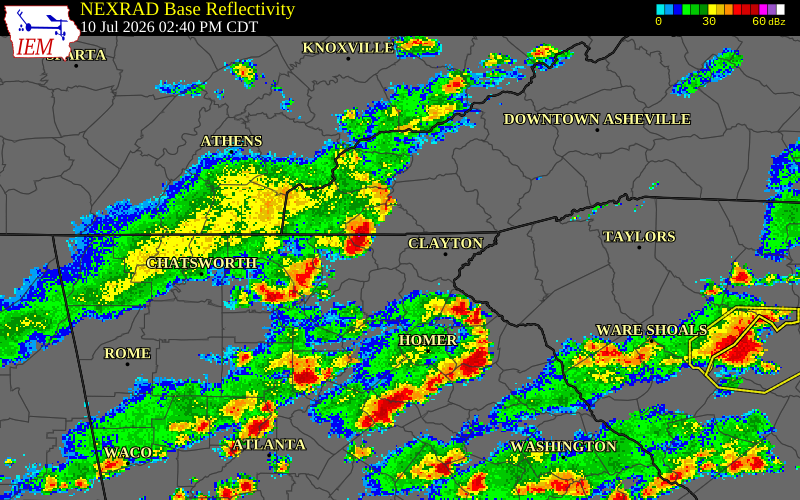 NEXRAD radar during the Friday, July 10, 2026 storm activity in Towns County, Georgia