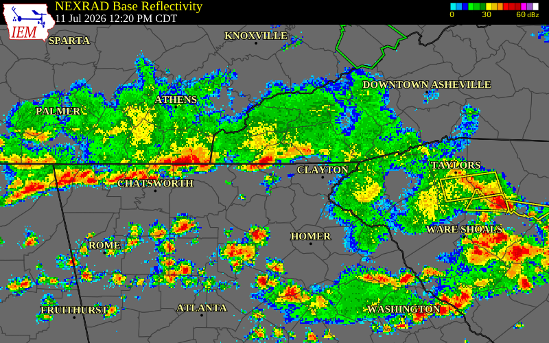 NEXRAD radar during the Saturday, July 11, 2026 storm activity in Towns County, Georgia
