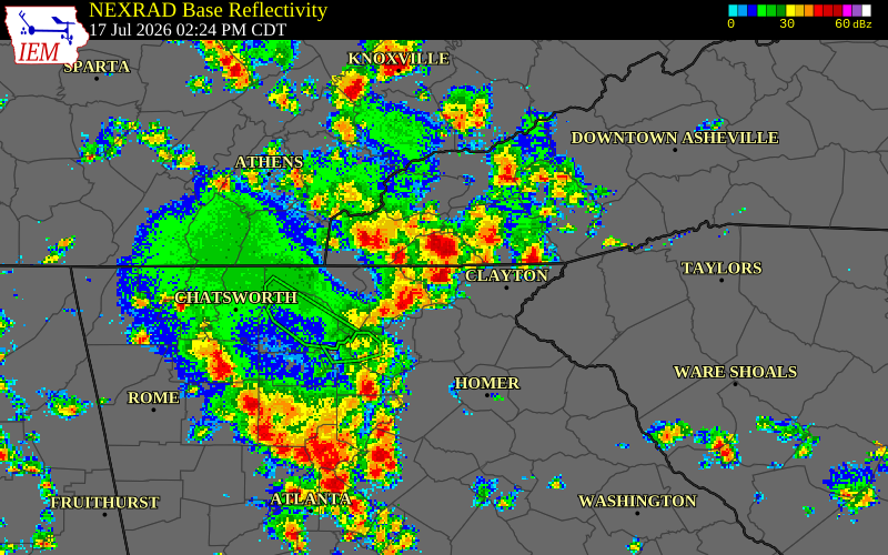 NEXRAD radar during the Friday, July 17, 2026 storm activity in Towns County, Georgia