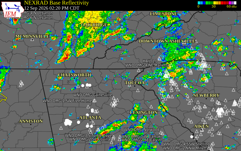 Current NEXRAD radar over Towns County, Georgia with recent storm report locations