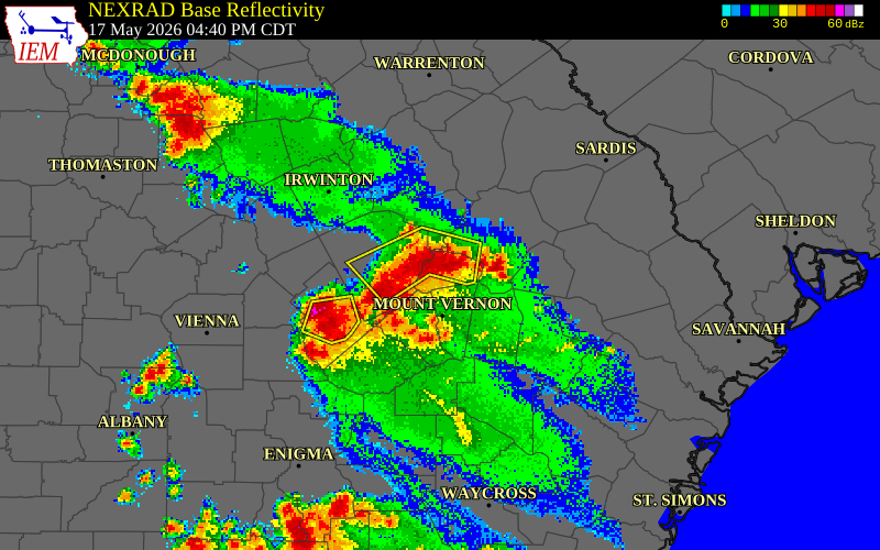 NEXRAD radar during the Sunday, May 17, 2026 storm activity in Treutlen County, Georgia