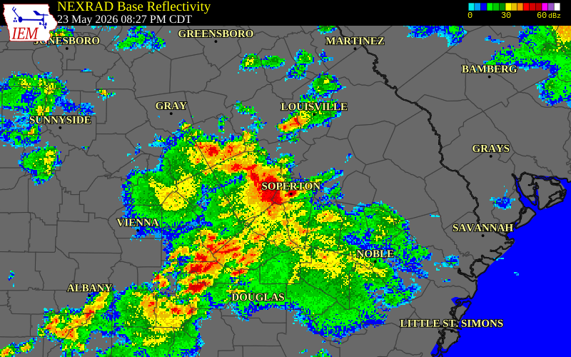 NEXRAD radar during the Saturday, May 23, 2026 storm activity in Treutlen County, Georgia