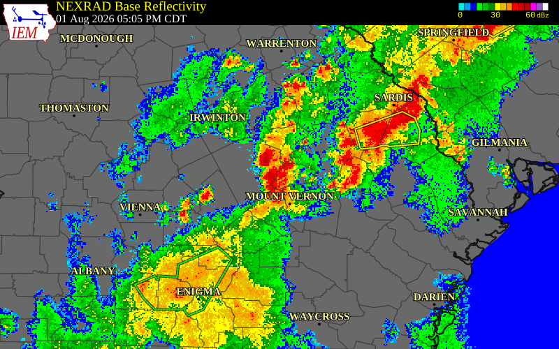 NEXRAD radar during the Saturday, August 1, 2026 storm activity in Treutlen County, Georgia