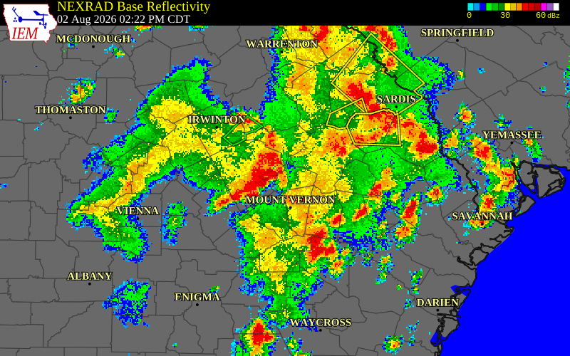 NEXRAD radar during the Sunday, August 2, 2026 storm activity in Treutlen County, Georgia