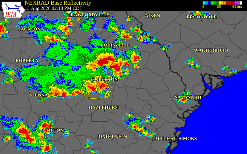 NEXRAD radar during the Thursday, August 13, 2026 storm activity in Treutlen County, Georgia