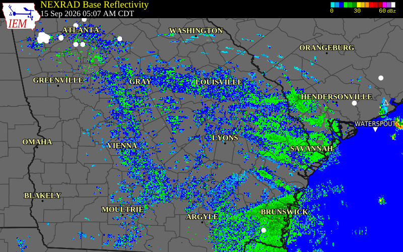 Current NEXRAD radar over Treutlen County, Georgia with recent storm report locations