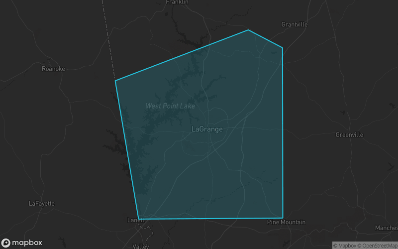 Map of Troup County, Georgia showing the county boundary and surrounding cities