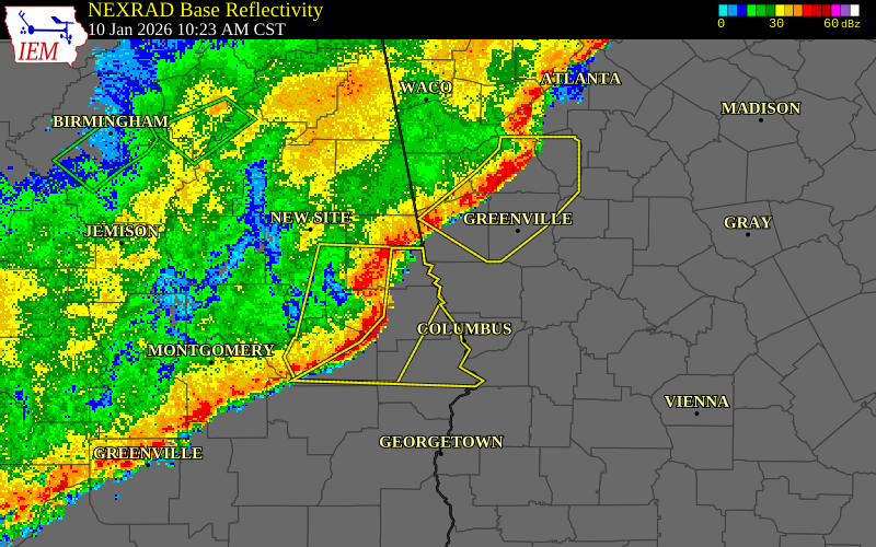 NEXRAD radar during the Saturday, January 10, 2026 storm activity in Troup County, Georgia