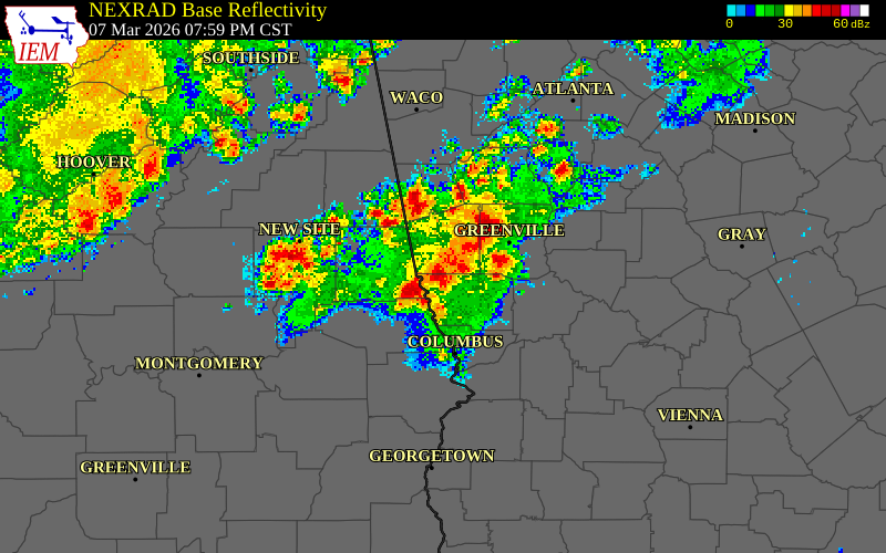 NEXRAD radar during the Saturday, March 7, 2026 storm activity in Troup County, Georgia