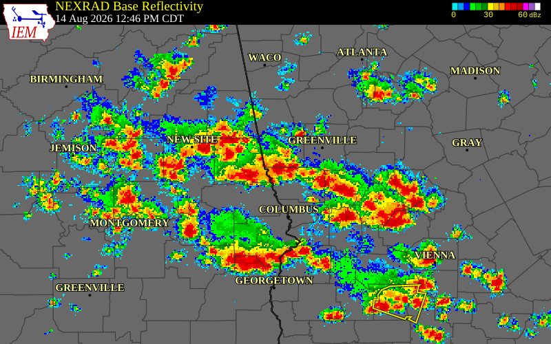 NEXRAD radar during the Friday, August 14, 2026 storm activity in Troup County, Georgia
