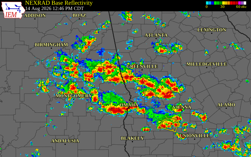 Radar snapshot during the Aug 14, 2026 wind event near Troup County, Troup County, Georgia, with NWS warning polygons
