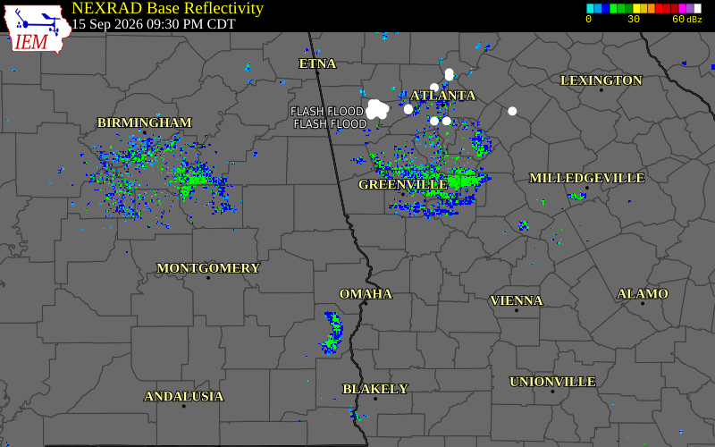 Current NEXRAD radar over Troup County, Georgia with recent storm report locations