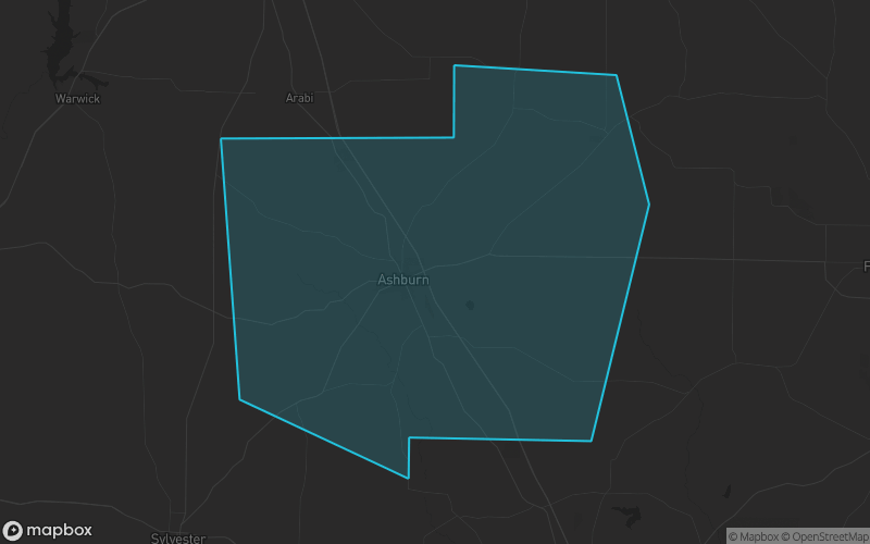 Map of Turner County, Georgia showing the county boundary and surrounding cities