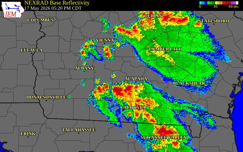 NEXRAD radar during the Sunday, May 17, 2026 storm activity in Turner County, Georgia