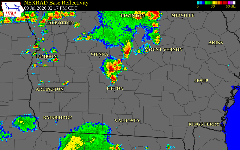 NEXRAD radar during the Thursday, July 9, 2026 storm activity in Turner County, Georgia