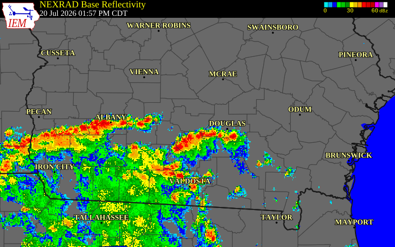 NEXRAD radar during the Monday, July 20, 2026 storm activity in Turner County, Georgia