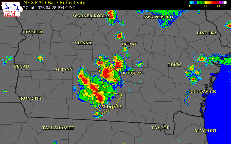 NEXRAD radar during the Monday, July 27, 2026 storm activity in Turner County, Georgia