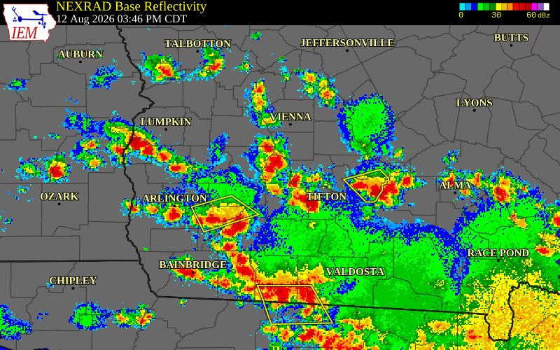 NEXRAD radar during the Wednesday, August 12, 2026 storm activity in Turner County, Georgia