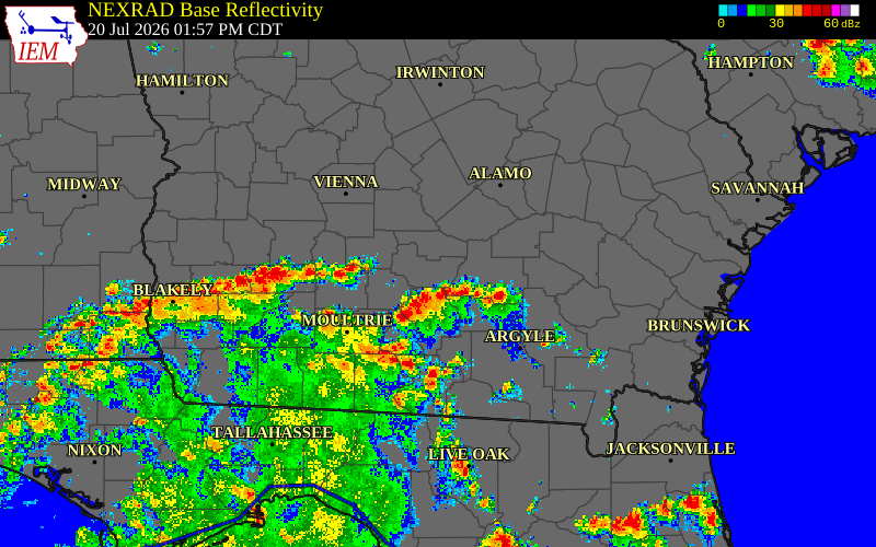 Radar snapshot during the Jul 20, 2026 wind event near Turner County, Turner County, Georgia, with NWS warning polygons