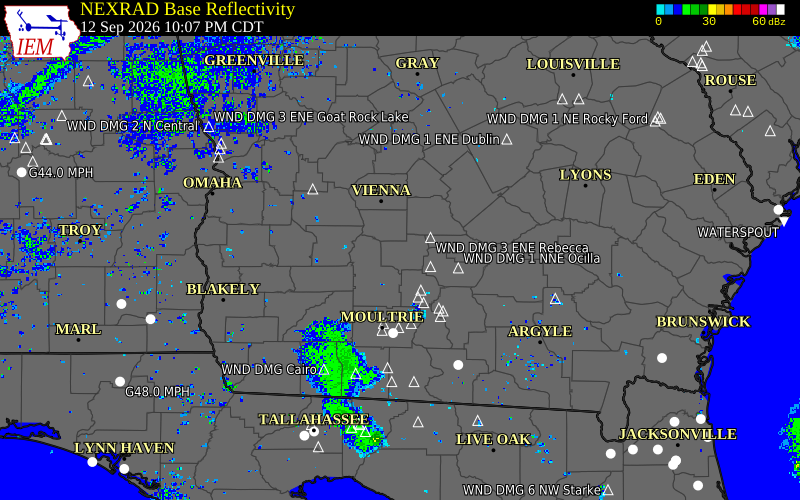 Current NEXRAD radar over Turner County, Georgia with recent storm report locations