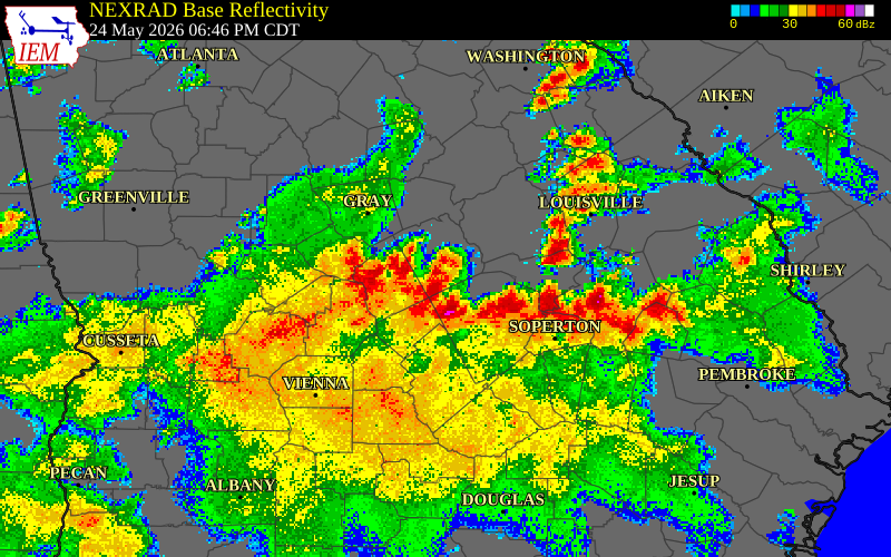NEXRAD radar during the Sunday, May 24, 2026 storm activity in Twiggs County, Georgia