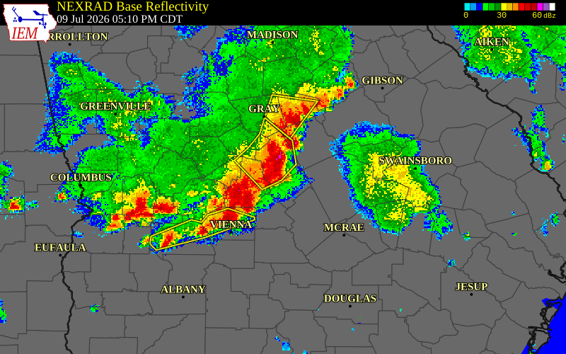 NEXRAD radar during the Thursday, July 9, 2026 storm activity in Twiggs County, Georgia
