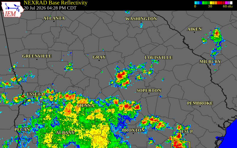 NEXRAD radar during the Monday, July 20, 2026 storm activity in Twiggs County, Georgia