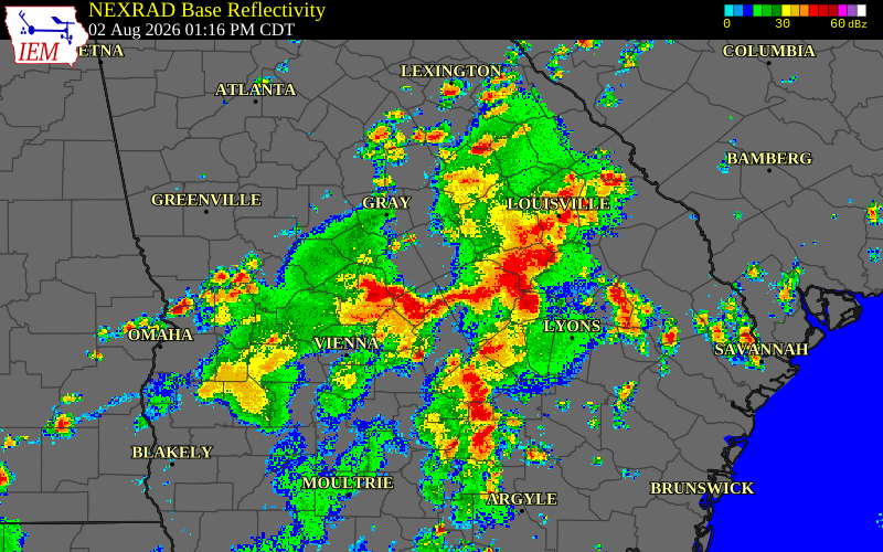 Radar snapshot during the Aug 2, 2026 wind event near Twiggs County, Twiggs County, Georgia, with NWS warning polygons