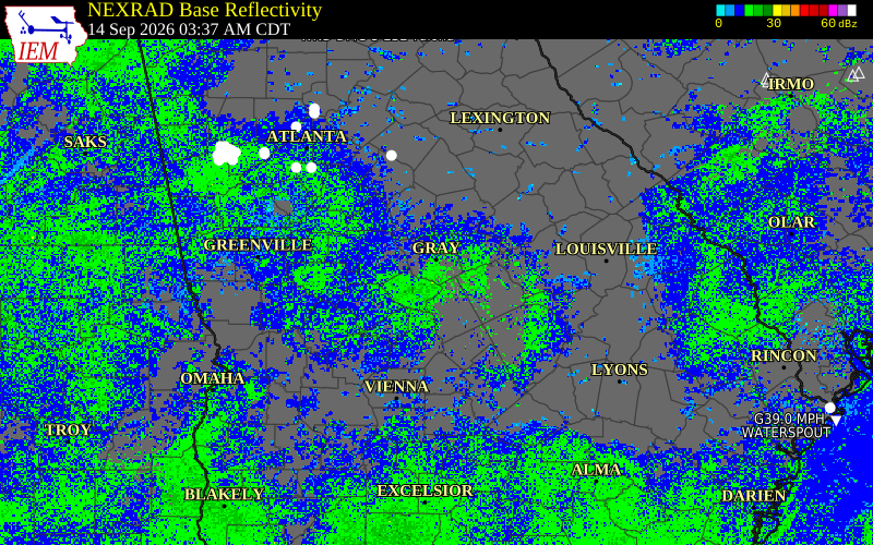 Current NEXRAD radar over Twiggs County, Georgia with recent storm report locations