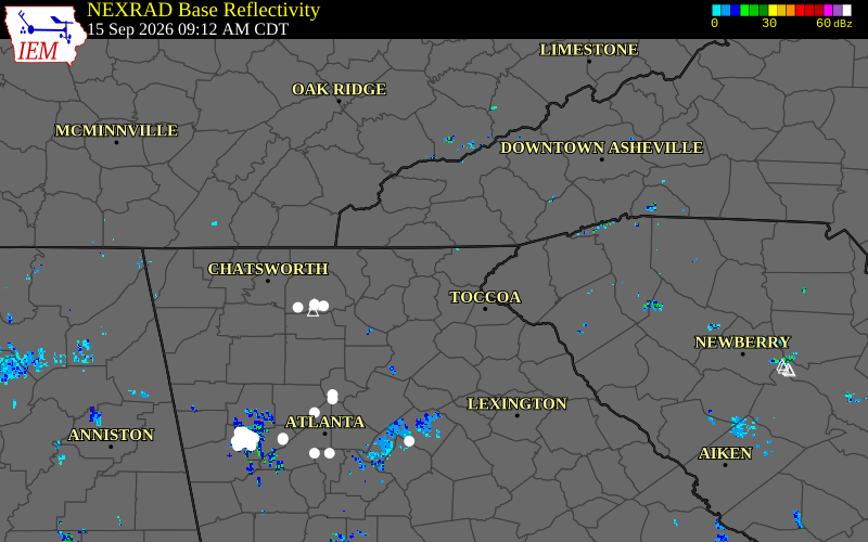 Current NEXRAD radar over Union County, Georgia with recent storm report locations