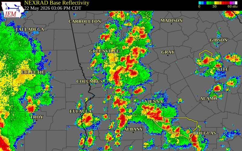 NEXRAD radar during the Friday, May 22, 2026 storm activity in Upson County, Georgia