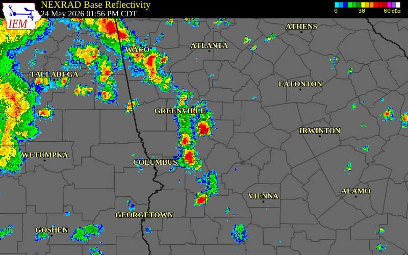 NEXRAD radar during the Sunday, May 24, 2026 storm activity in Upson County, Georgia