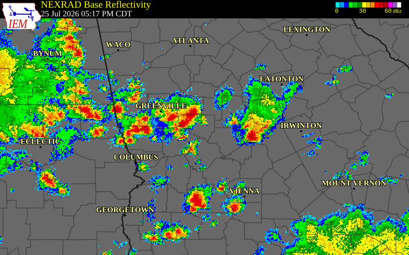 NEXRAD radar during the Saturday, July 25, 2026 storm activity in Upson County, Georgia