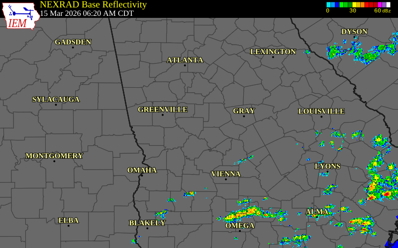 Radar snapshot during the Jul 25, 2026 wind event near Upson County, Upson County, Georgia, with NWS warning polygons