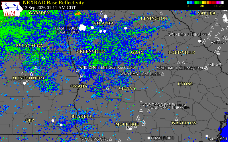 Current NEXRAD radar over Upson County, Georgia with recent storm report locations