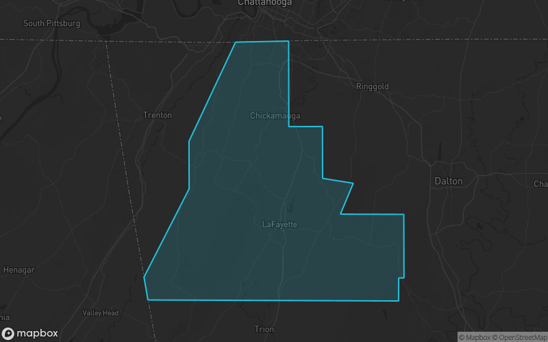 Map of Walker County, Georgia showing the county boundary and surrounding cities