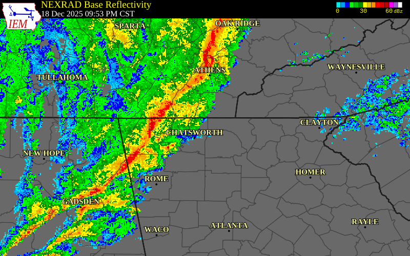 NEXRAD radar during the Thursday, December 18, 2025 storm activity in Walker County, Georgia