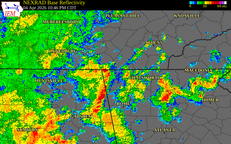 NEXRAD radar during the Saturday, April 4, 2026 storm activity in Walker County, Georgia
