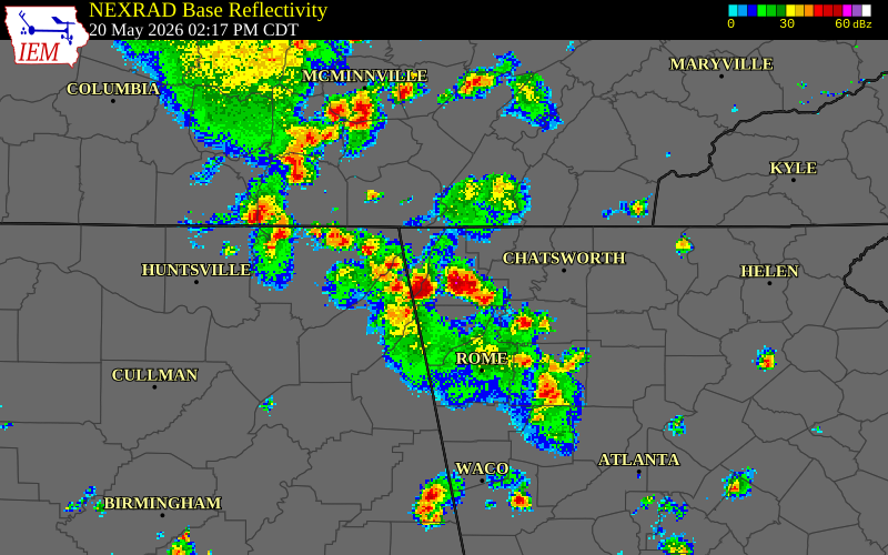 NEXRAD radar during the Wednesday, May 20, 2026 storm activity in Walker County, Georgia