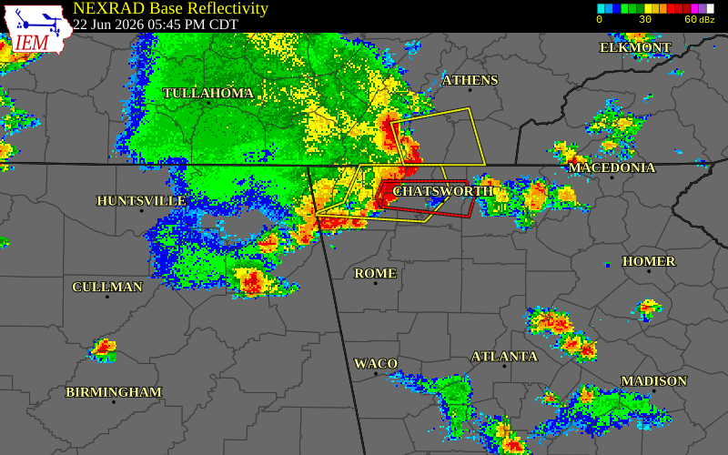 NEXRAD radar during the Monday, June 22, 2026 storm activity in Walker County, Georgia