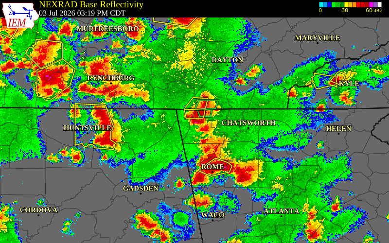 NEXRAD radar during the Friday, July 3, 2026 storm activity in Walker County, Georgia