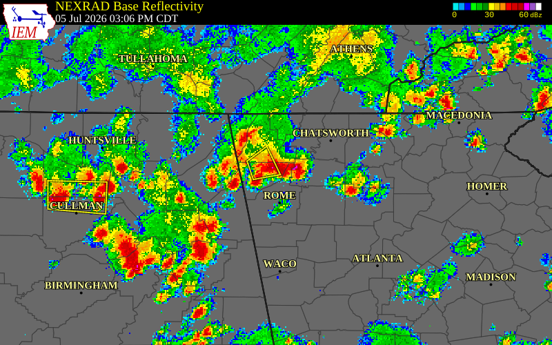 NEXRAD radar during the Sunday, July 5, 2026 storm activity in Walker County, Georgia