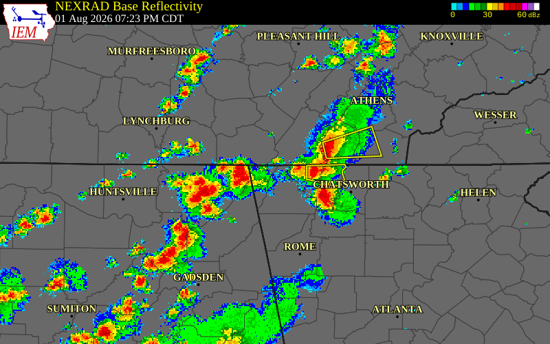 NEXRAD radar during the Saturday, August 1, 2026 storm activity in Walker County, Georgia