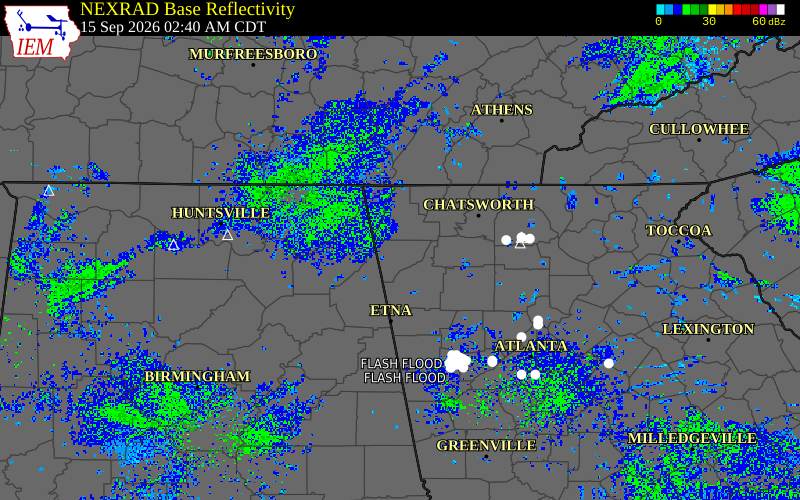 Current NEXRAD radar over Walker County, Georgia with recent storm report locations