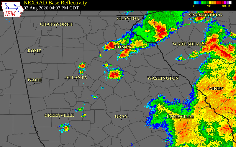 NEXRAD radar during the Sunday, August 2, 2026 storm activity in Walton County, Georgia