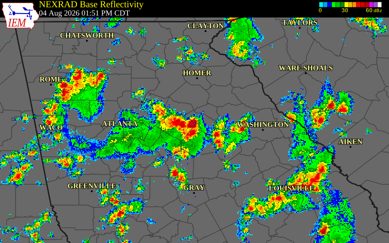 NEXRAD radar during the Tuesday, August 4, 2026 storm activity in Walton County, Georgia