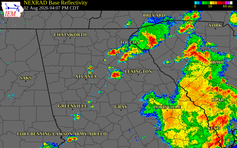 Radar snapshot during the Aug 2, 2026 wind event near Walton County, Walton County, Georgia, with NWS warning polygons