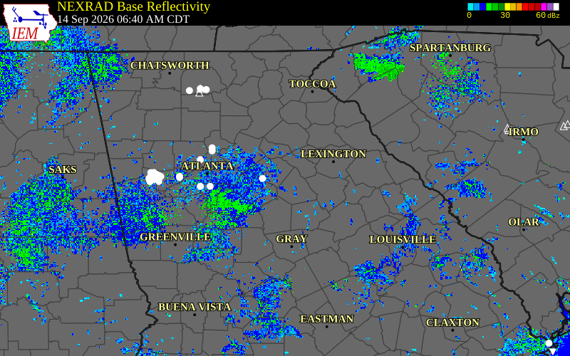 Current NEXRAD radar over Walton County, Georgia with recent storm report locations